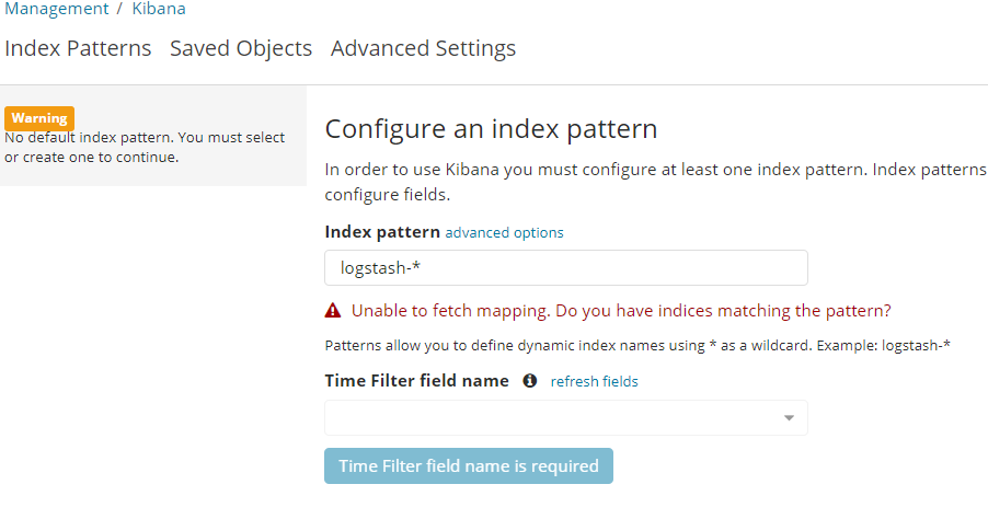 Unable to fetch mapping. Do you have indices matching the pattern